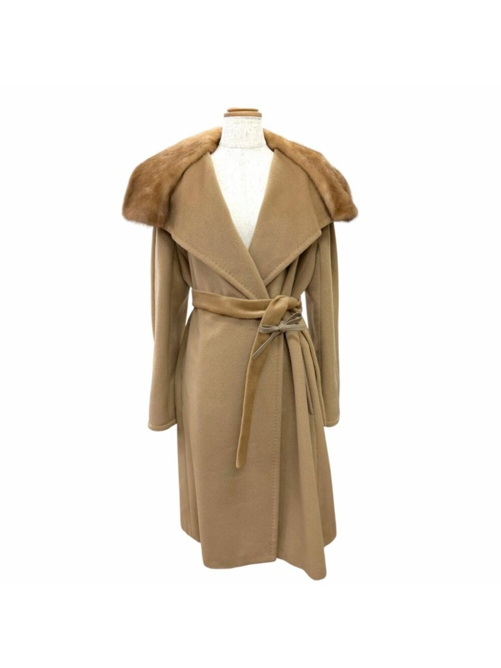 Max Mara Wool Cashmere Mink Buttonless Type Long Belt Wrap Coat Brown 40